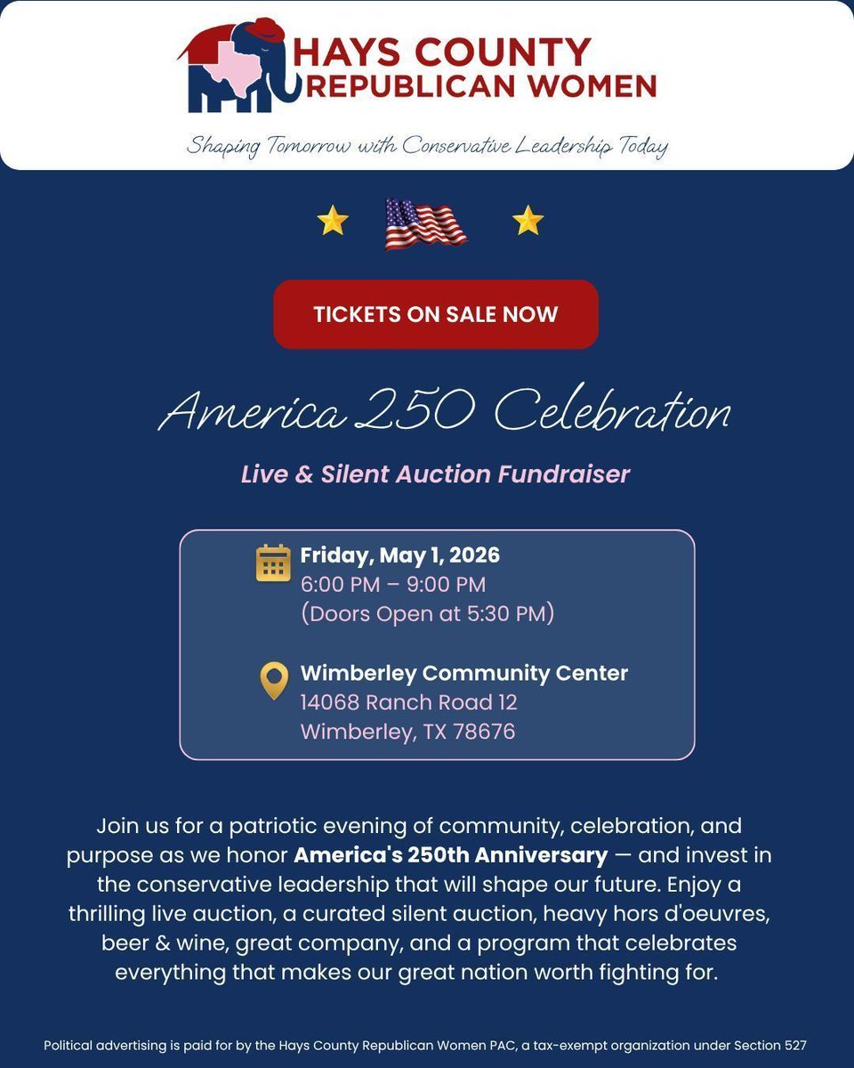 HaysWomen's tweet photo. πΊπΈ America 250 Celebration β May 1 in Wimberley!
Silent Auction is Live: https://t.co/UcjeRVjq5n
Congressman Chip Roy, TX Court of Criminal Appeals Candidates Forum, hors d'oeuvres & drinks.
Only 250 tickets. Sales close April 24! ποΈ
https://t.co/Vr1mN0AsiC
#hcrw https://t.co/wMh4yHkUaH