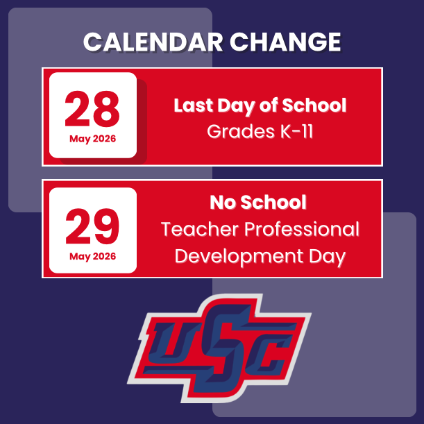 rebelsusc's tweet photo. 📅 School Calendar Update
Because we did not need to use one of our scheduled snow days this winter, Thursday, May 28 will now be the last day of school for K–11 students.
Friday, May 29 will be a staff development day. https://t.co/MaIUGqcWXj