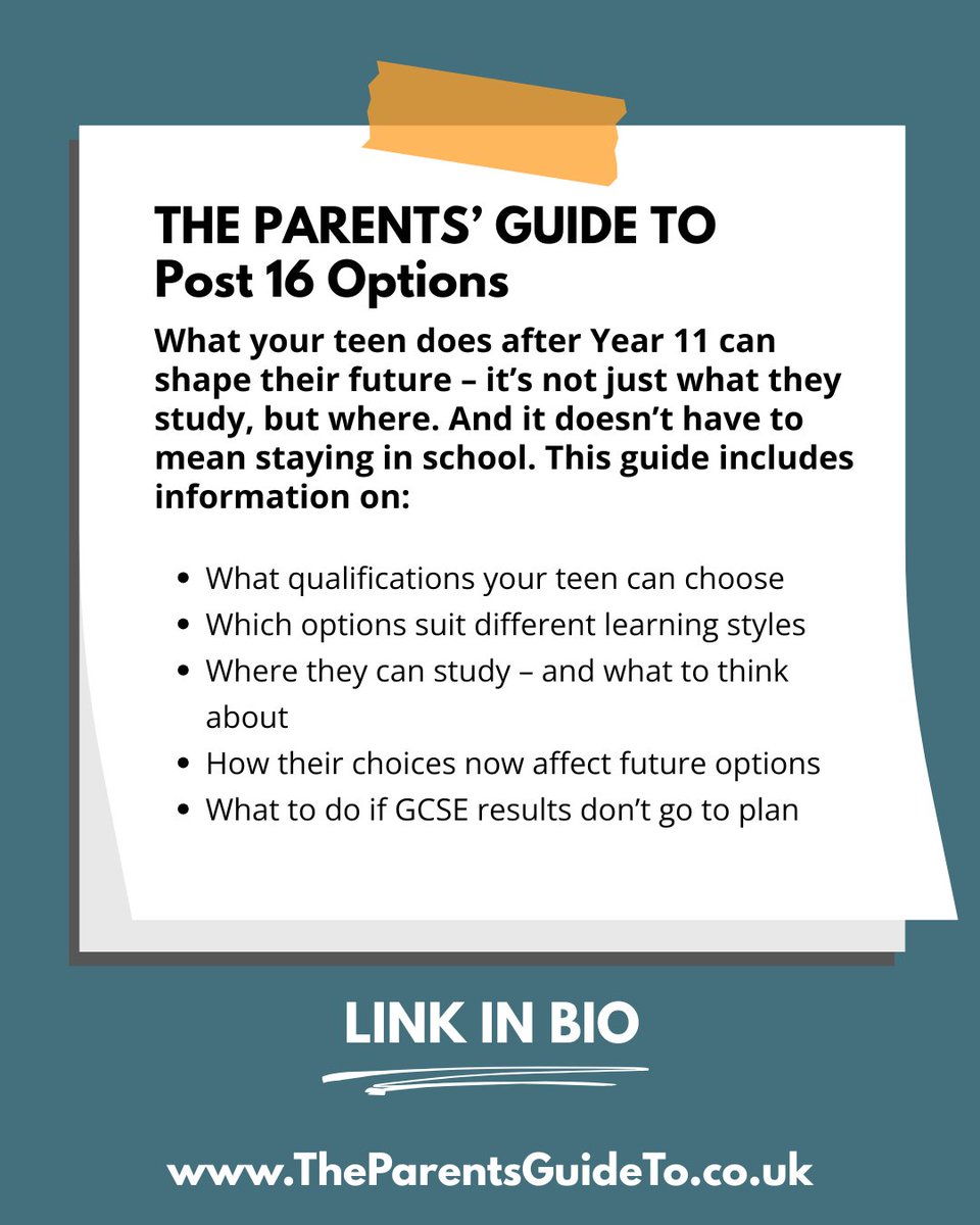 Parentsguideto's tweet image. ... #Post16

It's never too early to start looking at what your teen can do once they finish GCSEs. There's lots of choice, so make sure you know what's available. It's all in The Parents' Guide to Post 16 Options: ow.ly/Kg7t50XR4rB

#apprenticeships #ALevels #BTEC #TLevels