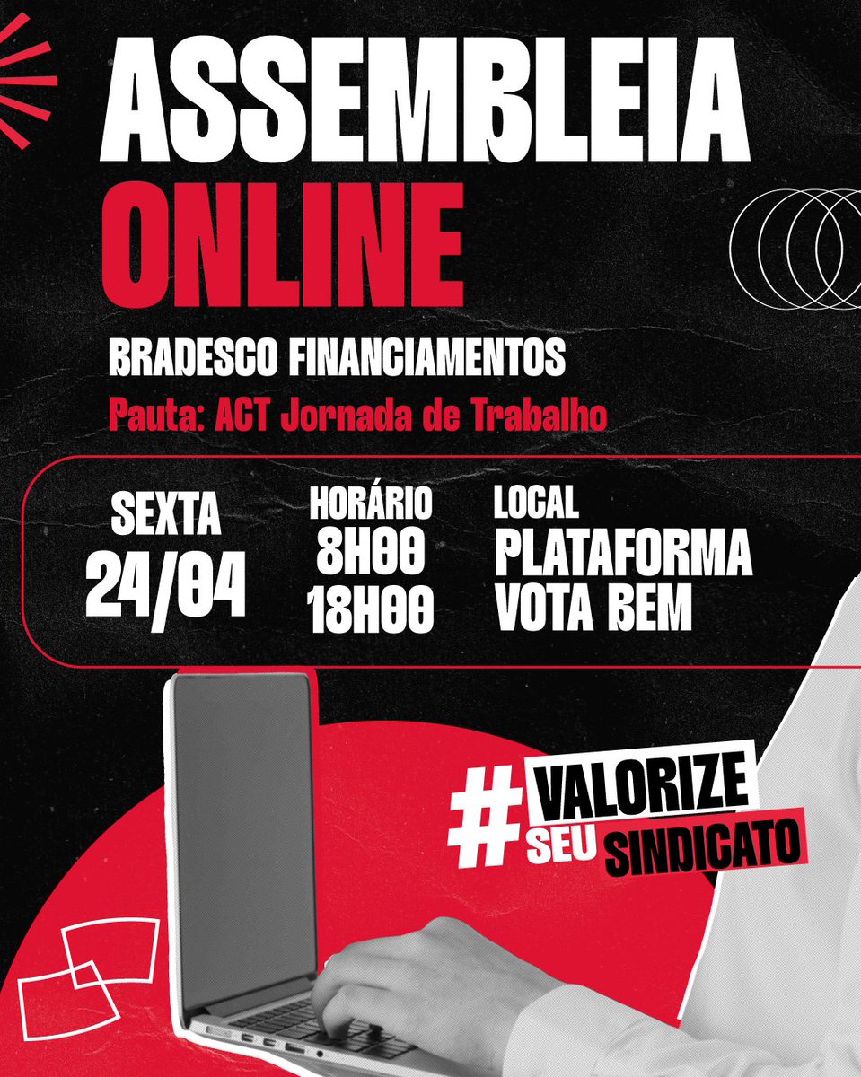 📢 Atenção, bancários do Bradesco Financiamentos!

Na próxima sexta, 24 de abril, tem assembleia online para aprovação do ACT sobre Jornada de Trabalho.

Confira todas as informações e participe: bancariosdecuritiba.org.br/24-04-sindicat…