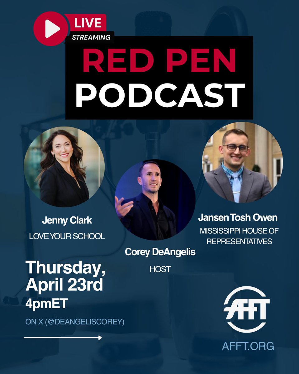 📣 THIS WEEK on the Red Pen Podcast 👇

AFFT Senior Fellow <a href="/DeAngelisCorey/">Corey A. DeAngelis, school choice evangelist</a> speaks with <a href="/ClarkRimsza/">Jenny Clark</a>, founder of <a href="/iheartmyschool/">Love Your School</a> and <a href="/JansenOwen/">Rep. Jansen Owen</a>. 

🗓️ Mark your calendars for 4pmET on Thursday! We'll be LIVE on <a href="/DeAngelisCorey/">Corey A. DeAngelis, school choice evangelist</a>'s X feed.