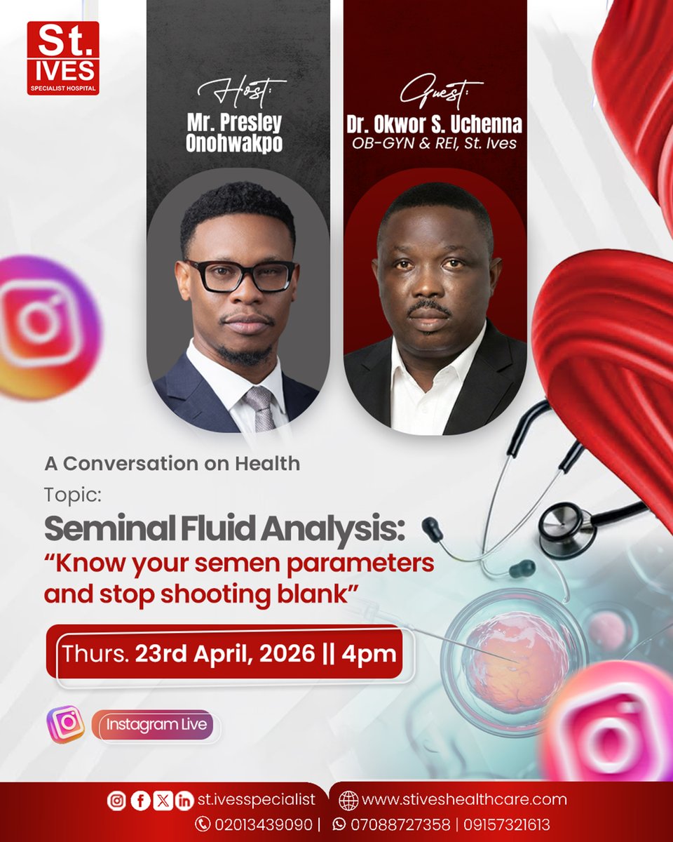 🚨 Are you sure you’re not shooting blanks? 👀

Join us LIVE tomorrow!

Topic: Seminal Fluid Analysis
Know your numbers. Know your options.
#MaleFertility #MensHealth #FertilityTalk #StIvesLive #TTCJourney #InfertilityAwareness #HealthNigeria