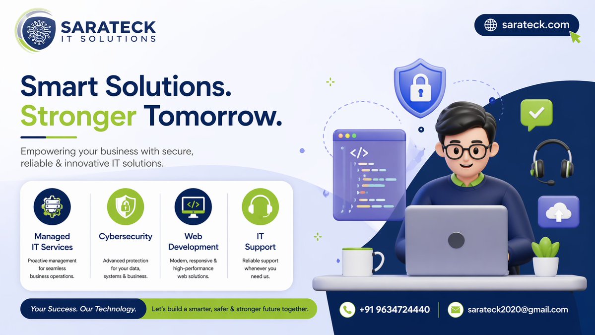 Sarateck1's tweet image. Boost your business with smarter IT 🚀

✔ Managed IT Services
✔ Cybersecurity
✔ Web Development
✔ IT Support
📞 +91 9634724440
📧 sarateck2020@gmail.com
#ITServices #CyberSecurity #WebDev #TechSupport #Sarateck
