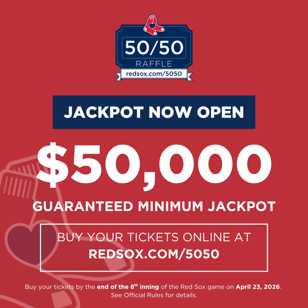 RedSoxFund's tweet photo. Our 50/50 Jackpot is guaranteed at $50,000! Don't miss your chance to win half the cash prize 🔥

Enter NOW through end of the 8th inning of tomorrow's @RedSox game at https://t.co/emXrVHiOue! 💸✨ https://t.co/UCPU7J9ONM