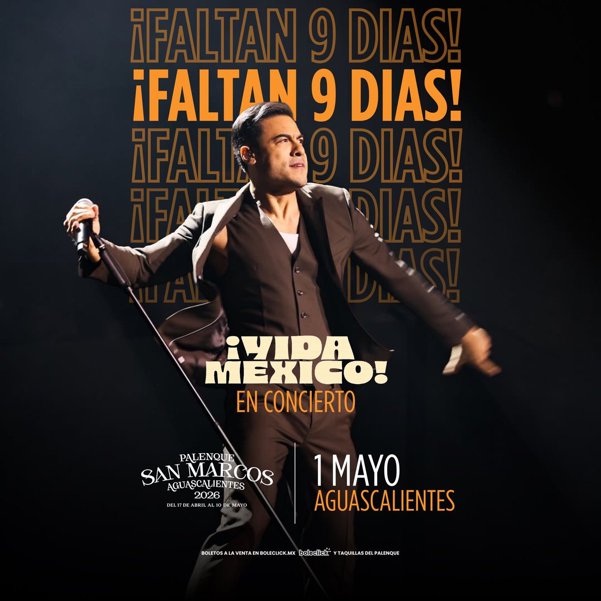 A 9 días de cantar junto a <a href="/_CarlosRivera/">Carlos Rivera</a> en el Palenque de la #FNSM2026. 🤎✨ #VidaMexicoTour 

Boletos disponibles en taquillas del Palenque y a través de boleclick.pagatusboletos.com/tickets/princi… 🎫
