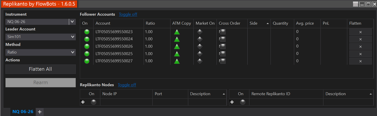 SithHaters's tweet photo. Been getting asked a lot about #copytrader / #copytrading
I use it to scale symmetrically, without overleveraging my drawdown; but specifically, I use Replikanto via Ninja Trader Desktop.
I fire all trades off to the Ninja sim account (that's set as the leader account) and use #Replikanto (paid Ninja addon by FlowBots) to administer the copy trades (which can also copy the ATM strategy settings from Ninja, meaning I can use OCO brackets after entry that automatically populate for ALL follower accounts).
I use a Tradovate trading login / Propfirm account, and these can be logged into Ninja with the Ninja login using my Tradovate credentials (its the same gateway).
This setup allows me to copy OCO bracket ATM strategies, copy trade across multiple brokers / prop firms, as well as quickly scale the trading size I am firing to any or all follower accounts (or flip them to trade micros, while I still trade eminis in the leader).