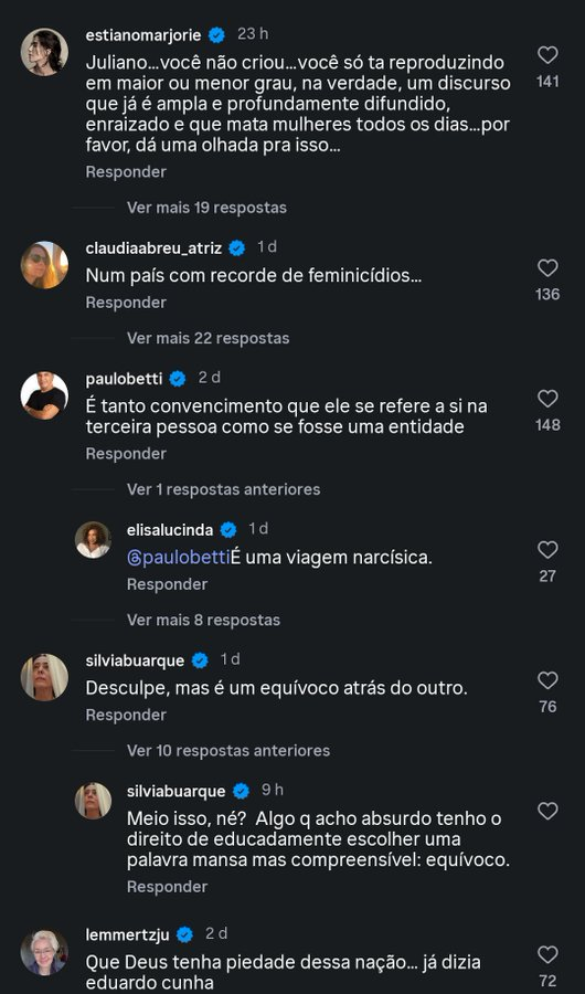 "Ele sabia que ia apanhar"

O Juliano Cazarré anunciando o maior encontro de homens conservadores do país e sendo esculachado lindamente por todos os seus colegas, como Elisa Lucinda, Marjorie Estiano, Betty Gofman, Julia Lemmertz, Paulo Betti e Álamo Facó.