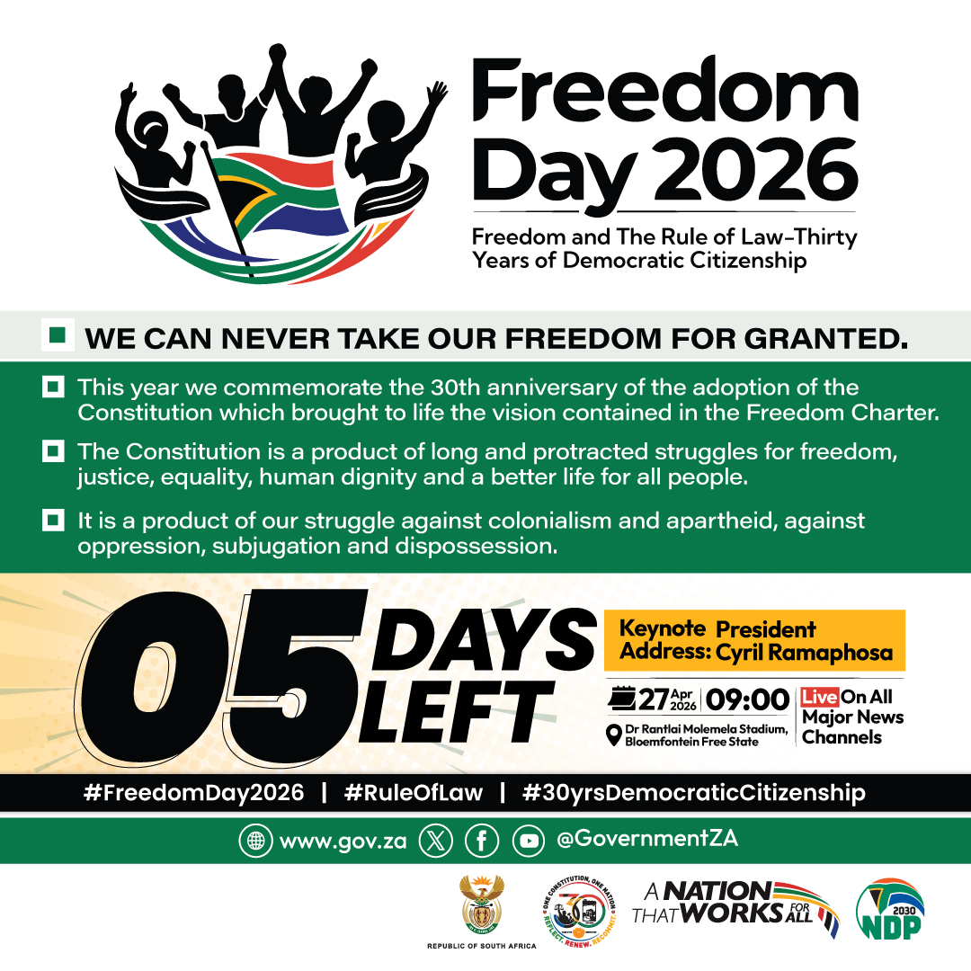 GovernmentZA's tweet image. 🚀 The countdown is ON! Only 5 days until we celebrate this years’ Freedom Day! Let’s honor our journey of liberty and unity. 🇿🇦

#FreedomDay2026 #30yrsDemocraticCitizenship #RuleOflaw #GovZAUpdates