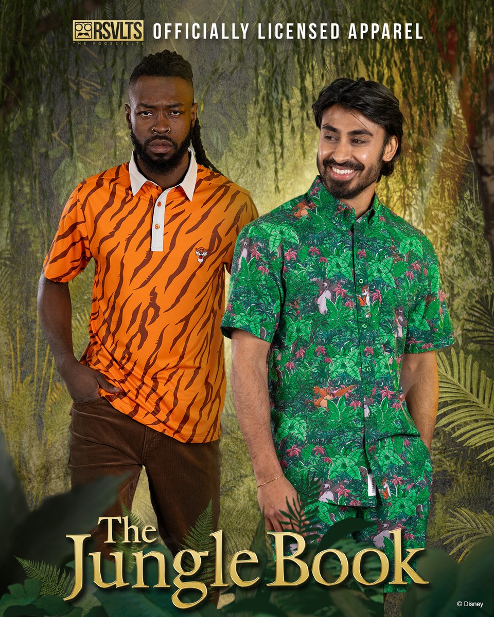 RSVLTS's tweet photo. It’s a jungle jamboree, and the whole crew’s invited 🐅🌿🦧🍃🐘 

The first-ever Jungle Book Collection from Disney | RSVLTS arrives tomorrow, 4/23 at 4 PM ET 🎶 https://t.co/ACXjCwtVsg