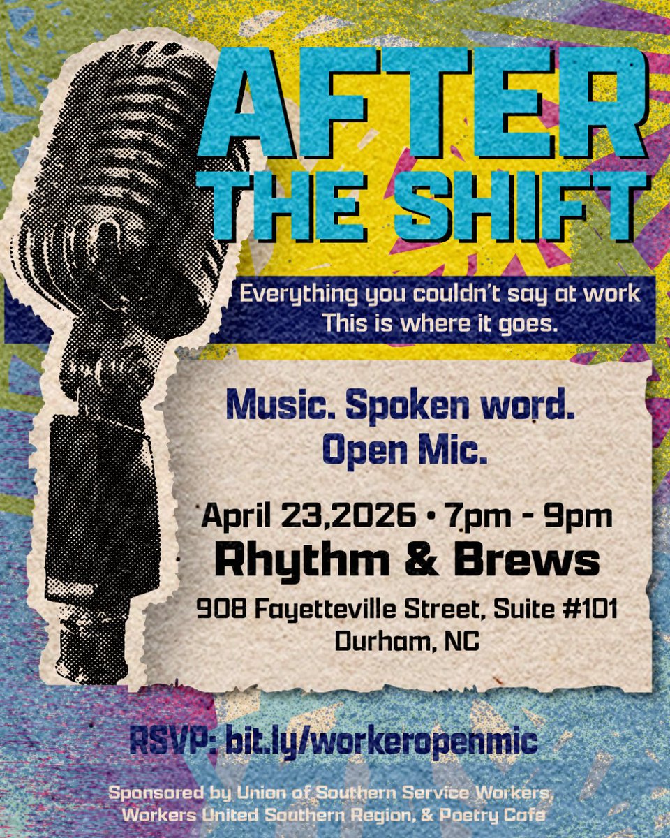 RaiseUptheSouth's tweet image. TOMORROW 🎤 Let all your work frustrations out with us at Rhythm &amp;amp; Brews @ 7PM. 

Share your music, poetry, stories or however you express yourself with fellow workers trying to let off some steam and build community. 

#OpenMic #DurhamNC #OrganizeTheSouth