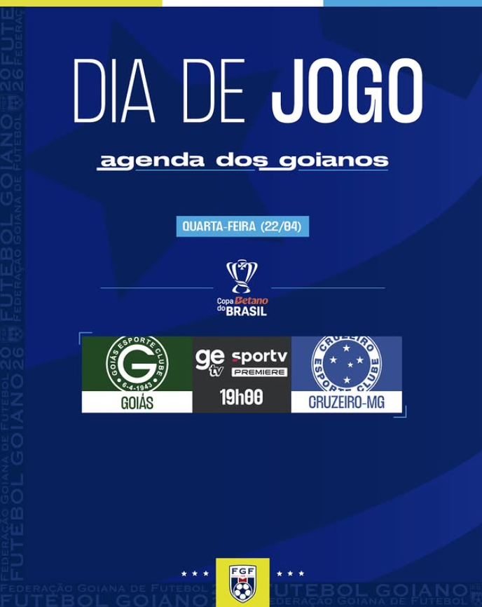 Dia de COPA!! ⚽️🏆 O Goiás recebe o Cruzeiro no estádio Serra Dourada pela 5ª fase da #CopaDoBrasil!

🏆 Copa do Brasil
⚔️ Goiás x Cruzeiro-MG
🏟️ Serra Dourada
⏰ 19h00
📺 GE TV, Sportv e Premiere