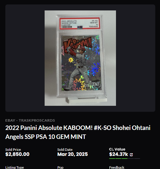 MYOHMYCards's tweet image. Agree to disagree here. That’s nearly an 8x jump in just one year. Hard to ignore those gains, logo or not! Also, it's a great reminder for the hobby that this isn't even the first Kaboom of his ever made—the digital release actually claims that title. 📈 #thehobby