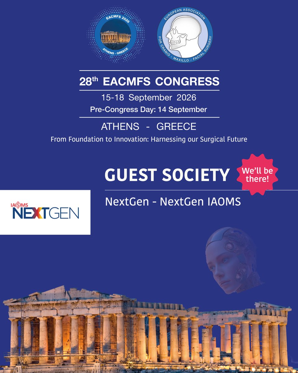 eacmfs_org's tweet image. Guest Societies Spotlight 🌍 | Part 4 of 10

Here are just some of the Guest Societies joining Athens 2026:

Register now for the 28th EACMFS Congress : eacmfs-congress.com/EACMFS2026

#GuestSocieties #CranioMaxillofacialSurgery #GlobalCollaboration #MedicalCongress