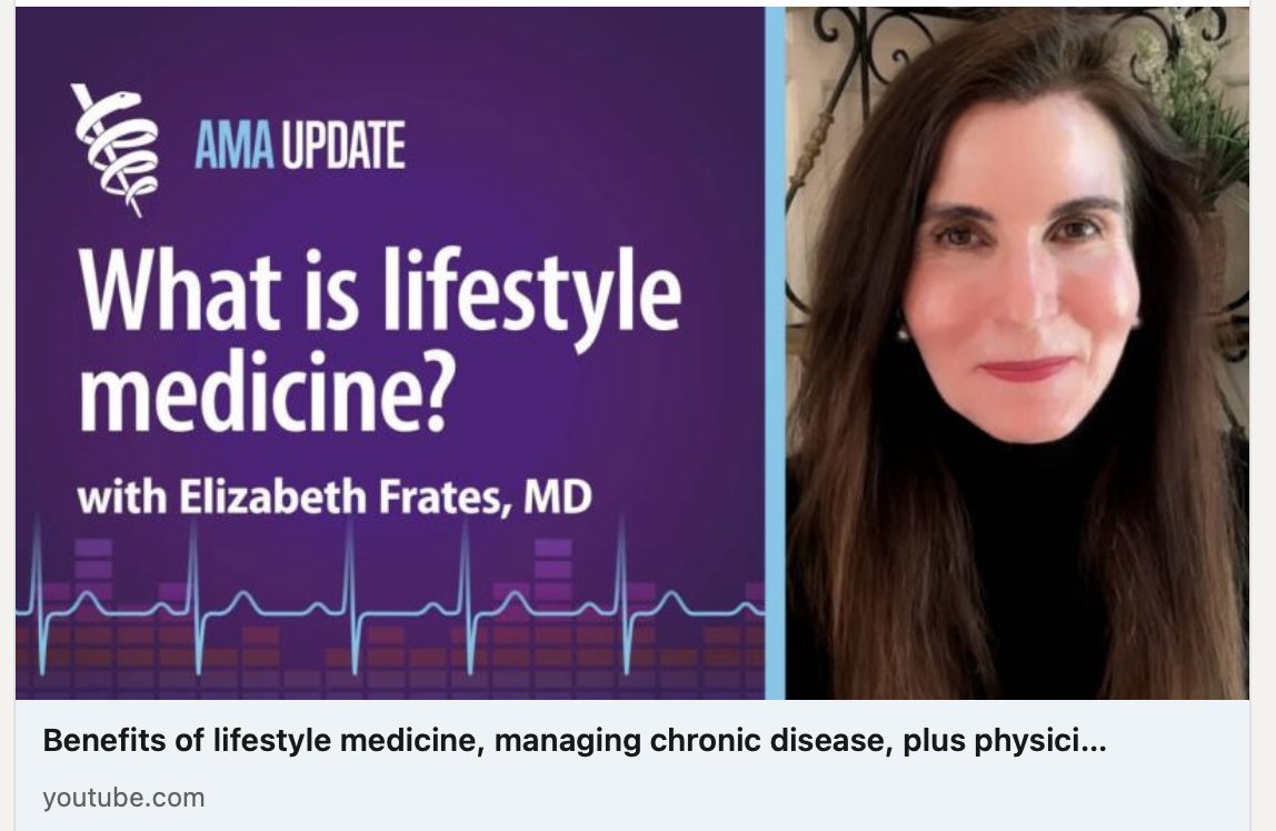 BethFratesMD's tweet image. Delighted and honored to be interviewed by the American Medical Association on the power of the six pillars of lifestyle medicine.  Listen here. youtube.com/watch?v=U2HYhd… #health #lifestylemedicine #MedTwitter #HealthyLiving
@AmerMedicalAssn
@ACLifeMed