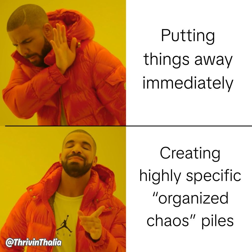 ThrivinThalia's tweet image. step one: make piles
step two: …we’ll circle back 🫠 

#adhd #homeorganization