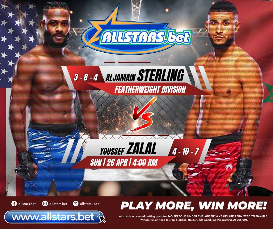 allstars_bet's tweet image. 🥊🔥 UFC Fight Night: Sterling 🆚 Zalal

Aljamain Sterling brings the pressure against Youssef Zalal in a slick matchup full of pace, grappling, and sharp exchanges 👀

One wants control, the other wants chaos - something’s gotta give 💥

#UFC #FightNight #MMA #Sterling #Zalal