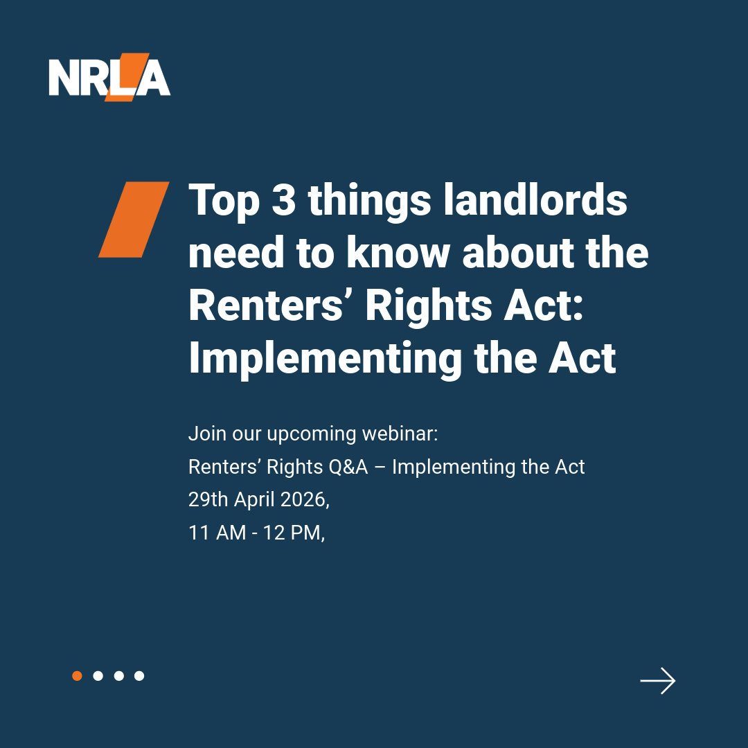NRLAssociation's tweet photo. 📢 Renters' Rights Webinar: Implementing the Act

With the Renters' Rights Act coming into force on 1st May, this is your last chance to get ready for the first phase of implementation. 

Join the NRLA's experts for this essential webinar as we guide you through what you need to do to make sure you're compliant and answer your last minute questions before the Act is implemented.

🗓️ Date: 29 April 2026
⏰ Time: 11:00am to 12:00pm
👉 Reserve your spot today: https://t.co/2W1kdaKoZ7
🎟️ During April, our Renters' Rights webinars are open to all to support the sector to prepare for the Act.

#NRLA #UKLandlords #RentersRightsAct #PRS