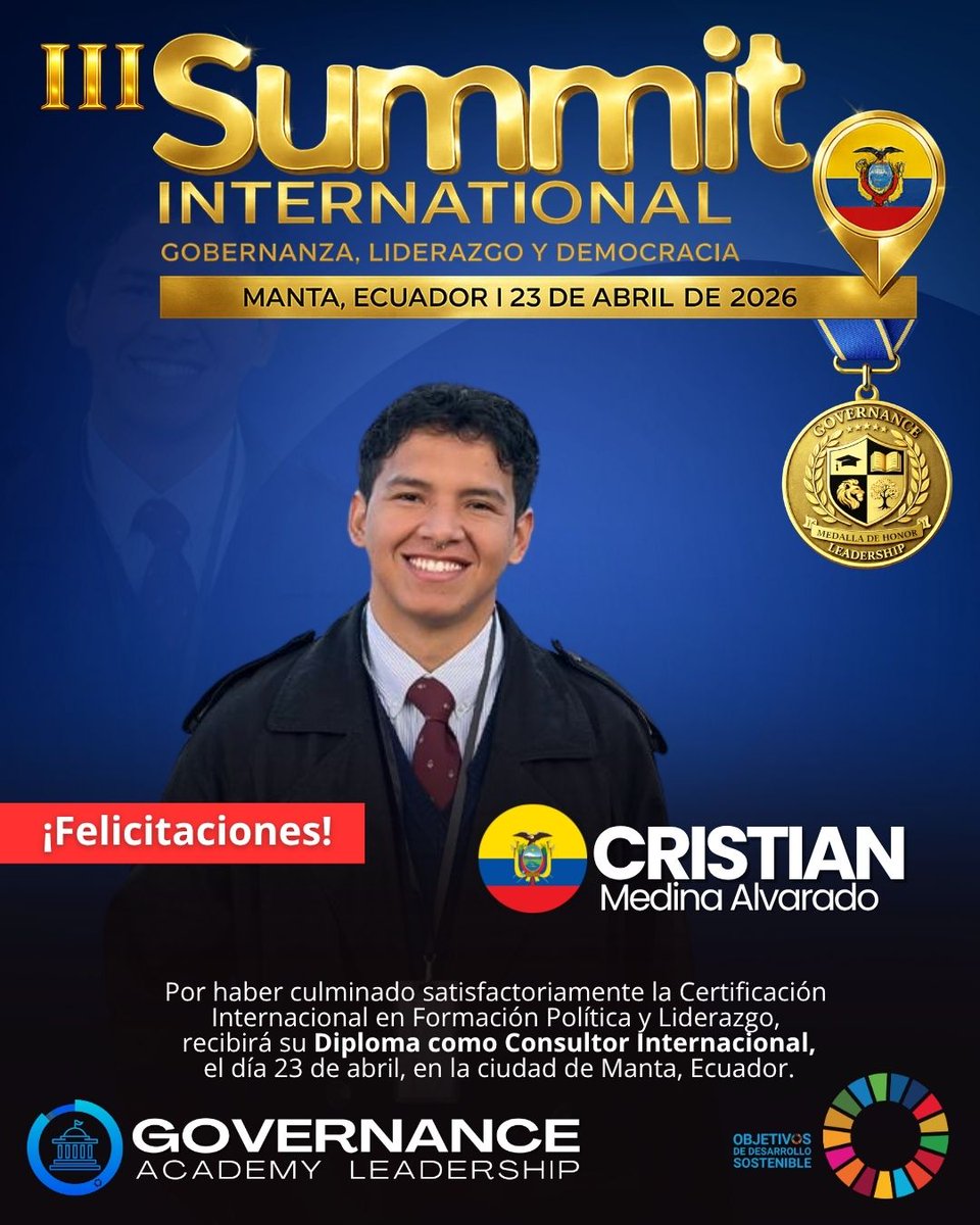 🏛️ 𝐁𝐈𝐄𝐍𝐕𝐄𝐍𝐈𝐃𝐎 𝐃𝐄𝐒𝐃𝐄 𝐄𝐂𝐔𝐀𝐃𝐎𝐑, 𝐂𝐑𝐈𝐒𝐓𝐈𝐀𝐍 𝐀𝐋𝐄𝐉𝐀𝐍𝐃𝐑𝐎 𝐌𝐄𝐃𝐈𝐍𝐀 𝐀𝐋𝐕𝐀𝐑𝐀𝐃𝐎 🇪🇨

Participa en la 𝐂𝐞𝐫𝐞𝐦𝐨𝐧𝐢𝐚 𝐎𝐟𝐢𝐜𝐢𝐚𝐥 🎓 de 𝐆𝐨𝐯𝐞𝐫𝐧𝐚𝐧𝐜𝐞 𝐋𝐞𝐚𝐝𝐞𝐫𝐬𝐡𝐢𝐩 𝐀𝐜𝐚𝐝𝐞𝐦𝐲, un espacio que reconoce su formación,