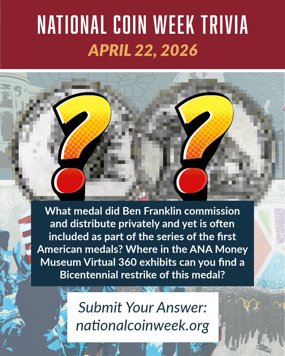 ANACoins's tweet image. #NationalCoinWeek Trivia! ✨ April 22, 2026

 Submit your answer at: bit.ly/3OV9YFk!

Answer the daily trivia question for your chance to win a U.S. Mint Proof Set. Thanks to our 2026 National Coin Week Sponsor Osborne Mint! 

 #CoinCollecting #CoinTrivia #America250