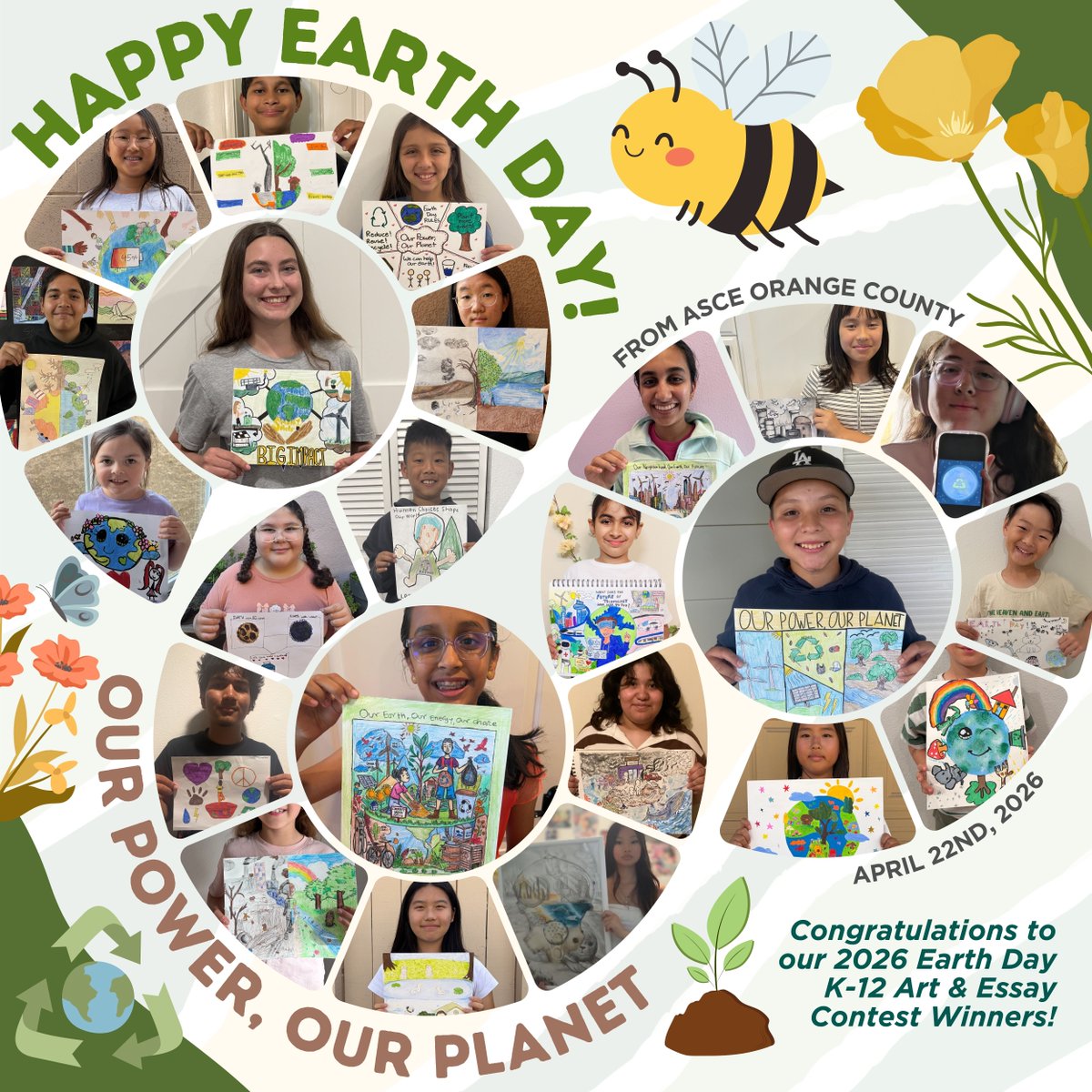 ASCEOCYMF's tweet photo. Happy Earth Day 2026! 🌍🌱 

We’re so excited to share the results of the ASCE OC YMF Earth Day: 2026 K-12 Art &amp; Essay Contest! 🍃 https://t.co/bTyewHrgKF

#ASCEOrangeCounty #OCYMFASCE #ThisIsASCE #ASCEMadeMe #K12Outreach #EarthDay2026 #OurPowerOurPlanet https://t.co/C79aFi5r3o