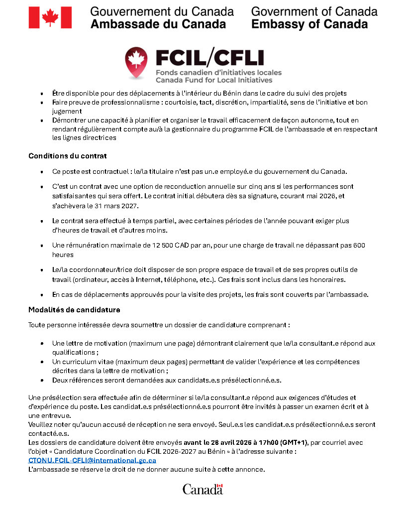 AmbCanBFA's tweet photo. Nous recrutons au #Bénin!
L’Ambassade du Canada est à la recherche d'un.e Coordonnateur.trice du Fonds canadien d’initiatives locales (#FCIL) pour 2026-2027.
Toutes les informations sont dans l'image jointe👇
⏳Date de clôture : 28 avril 2026 à 17h00 GMT+1 https://t.co/71QVK1jNic