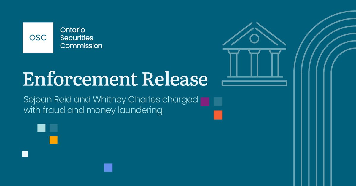 OSC_News's tweet photo. The OSC announces that Sejean Reid and Whitney Charles have each been charged with fraud and money laundering after running an investment scheme called ‘Golden Zone Corporation’.
Mr. Reid and Ms. Charles are scheduled to appear in court on July 17, 2026.

The OSC gratefully acknowledges the assistance provided by Halton Regional Police Services with the arrests. This investigation was also assisted by FINTRAC.

Read more: https://t.co/gjX0xkLFcU