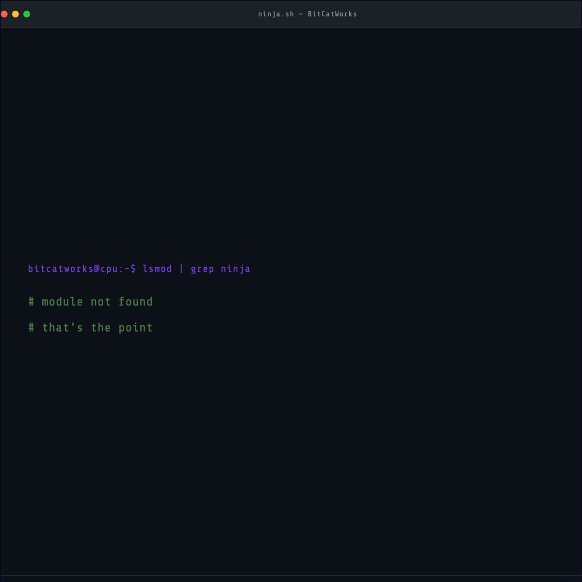 bitcatworks's tweet photo. $ cat #0025

仕事は完了した。

Did you know Linux runs on your fridge, your car, your TV? Somebody put it there. Nobody knows who.

$ lsmod | grep ninja
# module not found

#bitcatworks #pixelart #pixelcat #coding #programmer #linux #ninja #opensource #8bit #retro https://t.co/QNzlRFCMCt