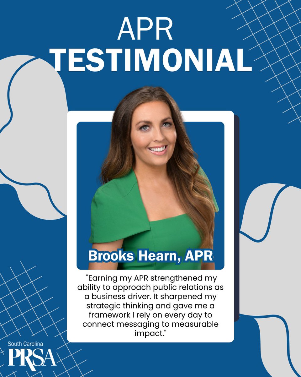 SCPRSA's tweet photo. It’s Accreditation in Public Relations (APR) Month for @PRSA! Brooks Hearn, APR, reflects on her experience as a reminder of the value this achievement brings to your career. Connect with our Meg Hasten, APR, at hastenm@cces.org to learn how we can support you.

#APR #SCPRSA https://t.co/hYF3CBKXHe