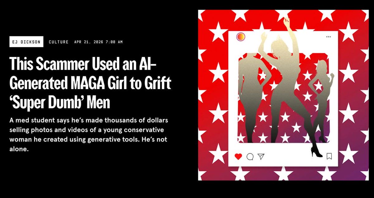 Индийский студент-медик заработал тысячи долларов на фанатах MAGA
Он создал ИИ-девушку Emily Hart — и получил миллионы просмотров.
Попытка сделать «либеральную» версию не сработала.
«Демократы знают, что это ИИ-шлак... MAGA состоит из супер тупых людей. И они на это ведутся»