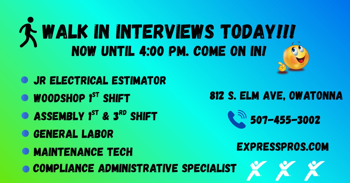 ExpressOwatonn1's tweet photo. If you are looking for work or want to learn more about our current job opportunities, this is the perfect time to walk in and chat with us. If you can't make it in today, give us a call or send us a text and we would still love to chat and see if we can help! https://t.co/MJU1M6MZCz