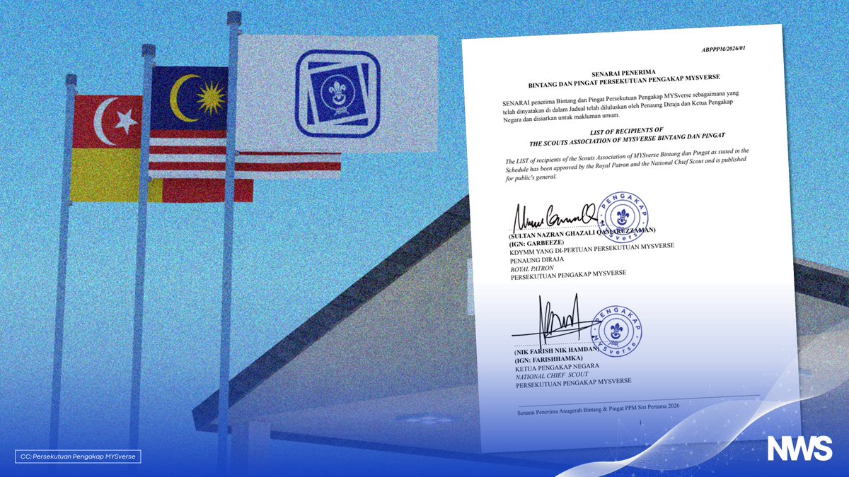 Persekutuan Pengakap MYSverse telah mengumumkan seramai 14 penerima Anugerah Bintang dan Pingat Siri Pertama 2026 yang telah diluluskan oleh Penaung Diraja dan Ketua Pengakap Negara sebagai pengiktirafan kepada sumbangan serta perkhidmatan cemerlang ahli pengakap.