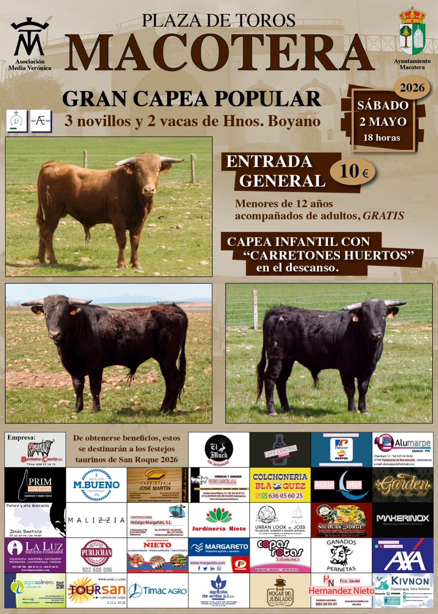 El 2 de mayo hay toros en Macotera, capea popular con 3 novillos y 2 vacas para los mayores y carretones en el descanso para los pequeños. ¡Todos a los toros!