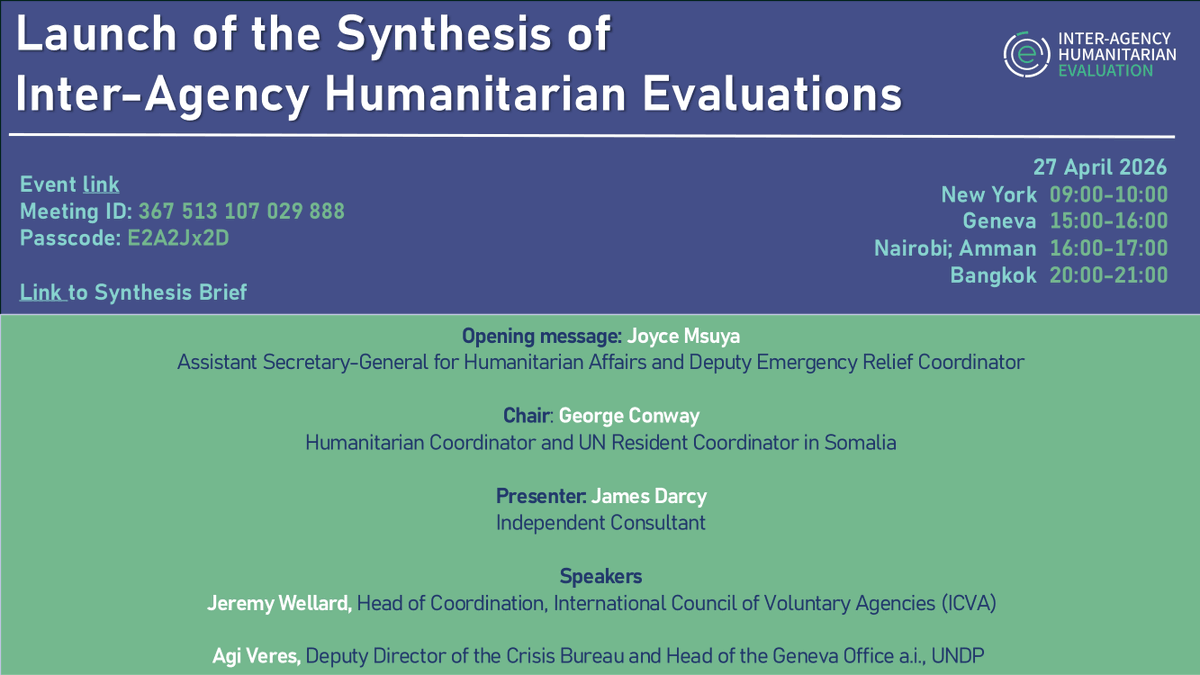 unfpa_eval's tweet photo. Launch on 27 April⏩Synthesis of Inter-Agency Humanitarian Evaluations, by @ALNAP

Join the event to discuss the findings &amp; their implications for system-wide learning &amp; reform.

We're proud to have served on the Management Group for this vital synthesis.
https://t.co/HaoepH7OK5 https://t.co/IHn9jEdLx1