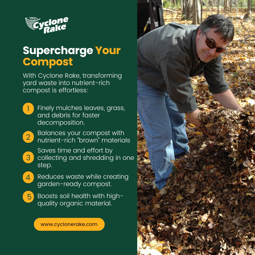 CycloneRake's tweet image. Leaves &amp;amp; debris→ mulch → compost → healthier soil → better garden. 

No synthetic fertilizers. No chemicals. No bags at the curb. Just your yard, feeding itself the way nature intended.

Happy Earth Day from Cyclone Rake. 🌎

#EarthDay #CycloneRake #Composting