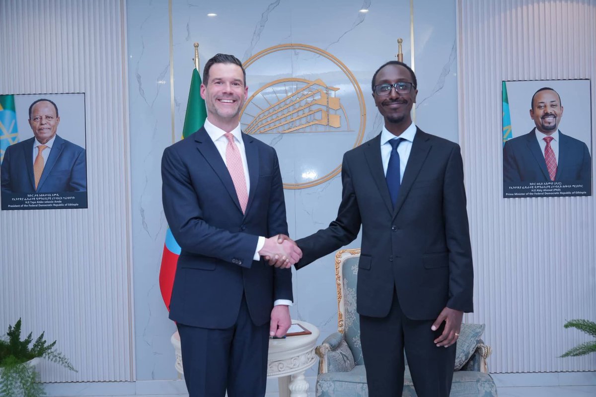 FM <a href="/GHessebon/">Gedion Timothewos Hessebon</a> today held discussions with Sweden’s Minister for Migration, Johan Forssell, at his office on matters of bilateral interest.

During the meeting, the Minister recalled the longstanding relations between Ethiopia and Sweden, noting Sweden’s key role in supporting