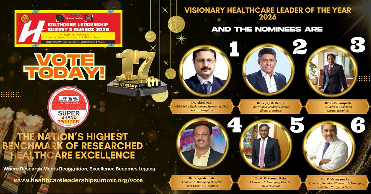 Visionary Healthcare Leader of the Year 2026 Nominees
Dr. Akhil Dadi - Srikara Hospitals
Dr. Vijay R. Reddy - Ekana Hospitals
Dr. G.V. Sampath - Naruvi Hospitals
<a href="/vrajesh87666824/">Dr. Vrajesh Shah</a>  <a href="/ApexgroupH/">Apex Group of Hospitals</a> 
Prof. Mohamed Rela - <a href="/Rela_Institute/">Rela Hospital</a> 
Dr. T. Narayana Rao - <a href="/narayanamedciti/">narayana medciti</a>