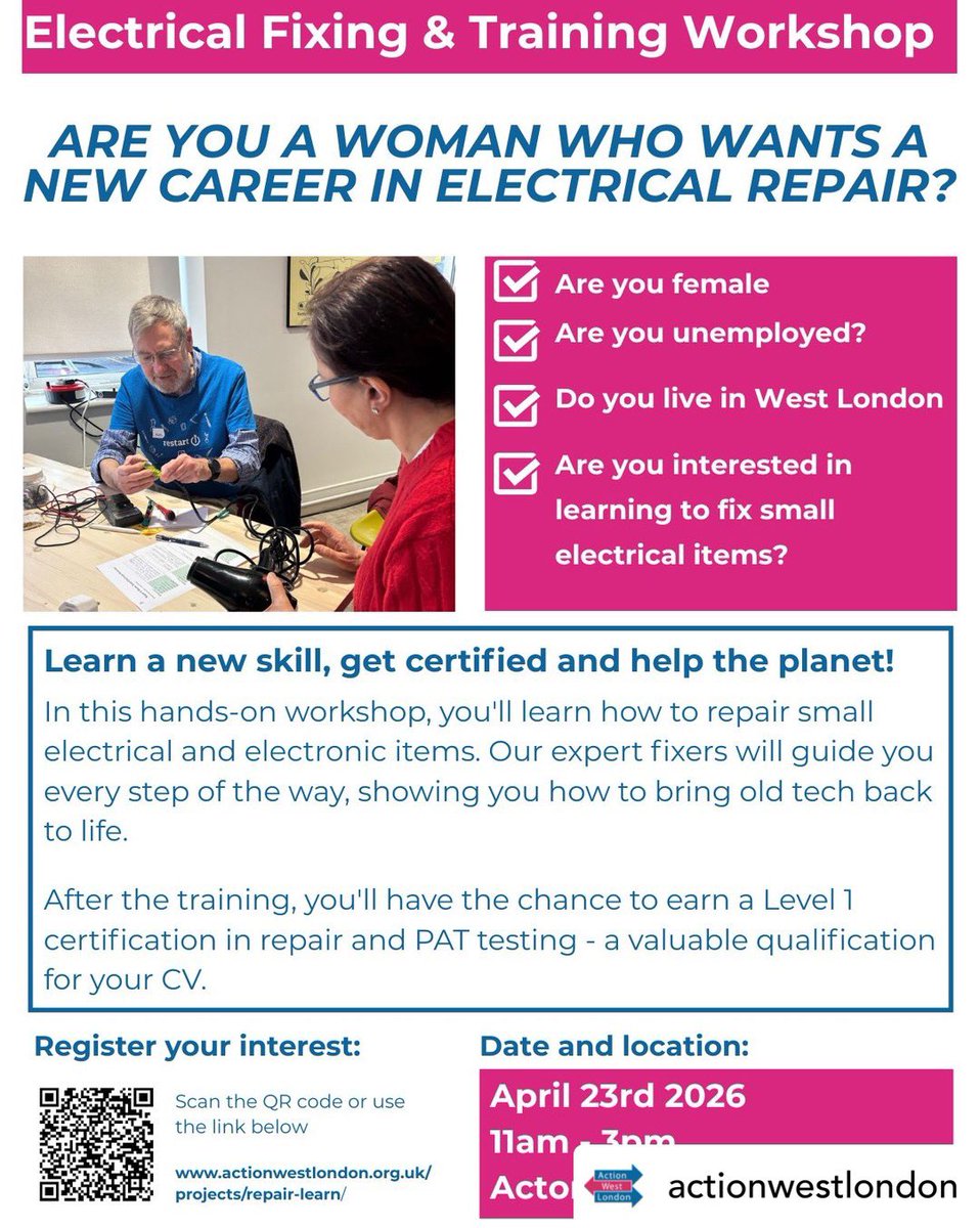 EventsBooster's tweet image. Congratulations to @ActionWLondon, the first of three winners of the #EventsBooster International Women’s Month #IWD2026 competition

We’ll be boosting this women-only electrical repair workshop on Thu 23 April in Acton, #Ealing

Register your interest at: buff.ly/zMKQKor