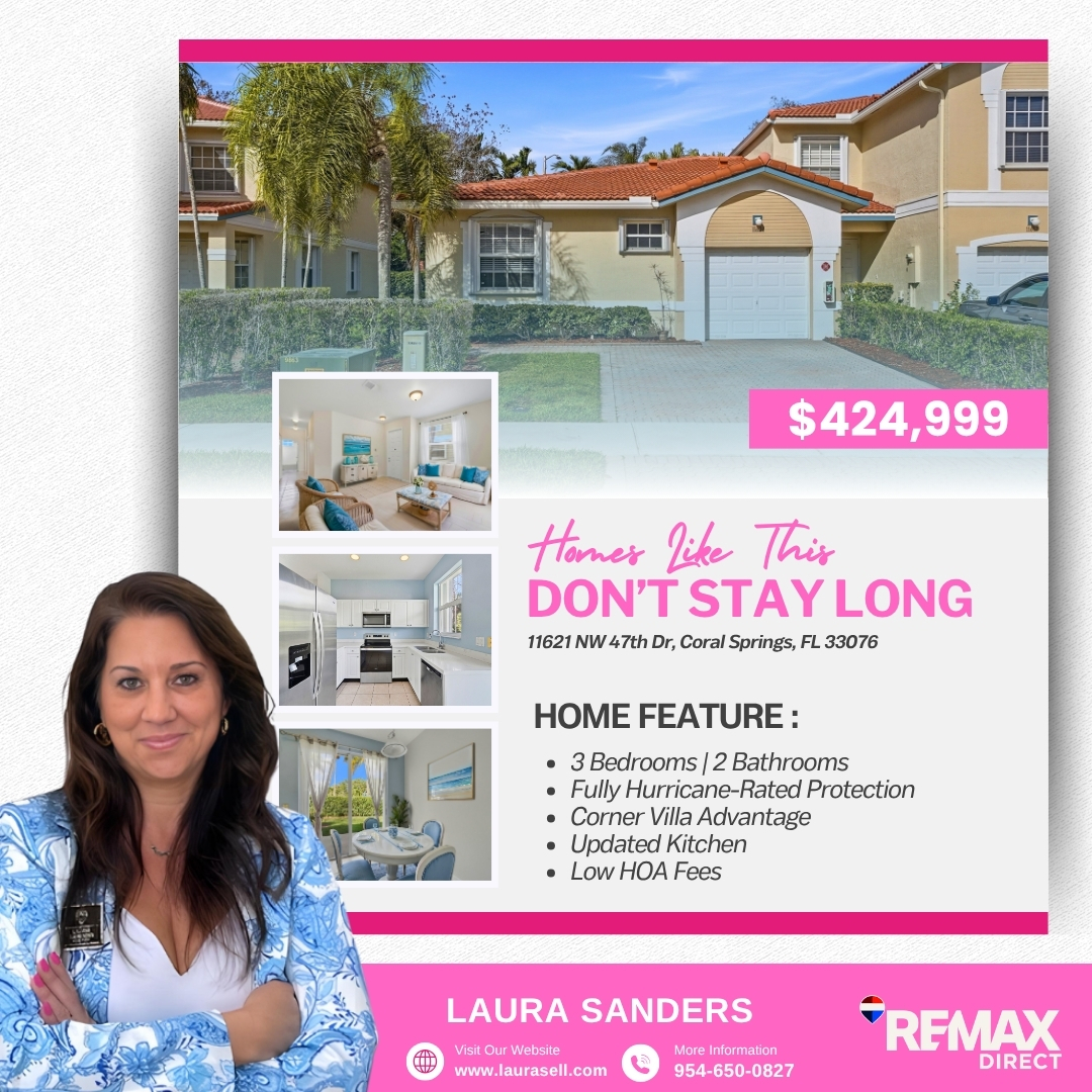 laurasellsflcom's tweet image. 🏡 CORNER VILLA LUXURY IN A GATED COMMUNITY YOU’LL LOVE! ✨

📍 Address: 11621 NW 47th Drive, Coral Springs, FL 33076
💲 Price: $424,999

📞 Call Laura Sanders at 954-650-0827 today for details or your private showing!
#CoralSprings #VillaLiving #GatedCommunity #PelicanPointe