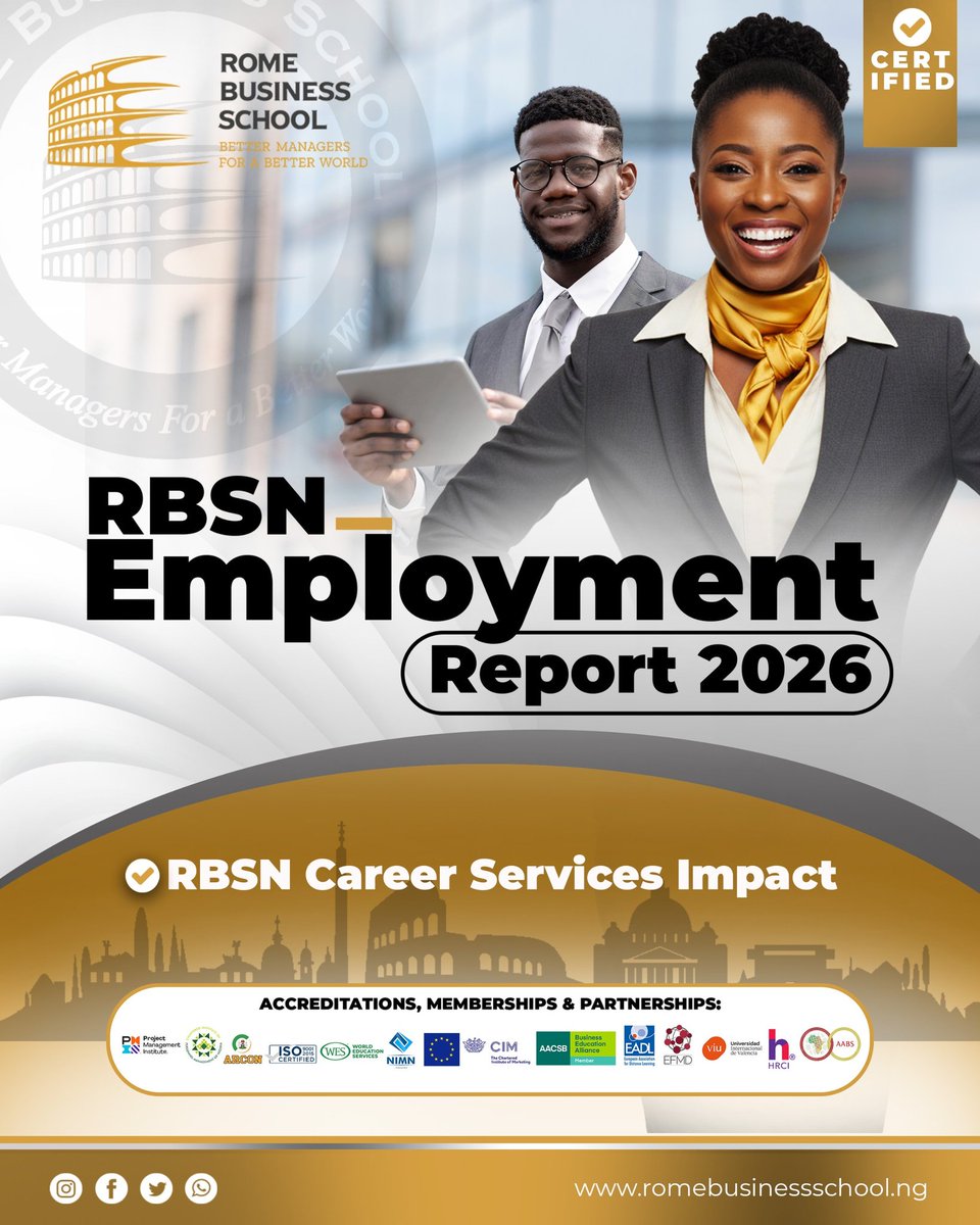 RBS_NG's tweet image. At Rome Business School Nigeria, we don’t just educate, we accelerate careers.

Our Employment Report 2026 highlights real outcomes:
Entrepreneurship | Placements | Job access | CV optimization

Start your journey: romebusinessschool.ng/masters-online/

#RBSN #CareerGrowth