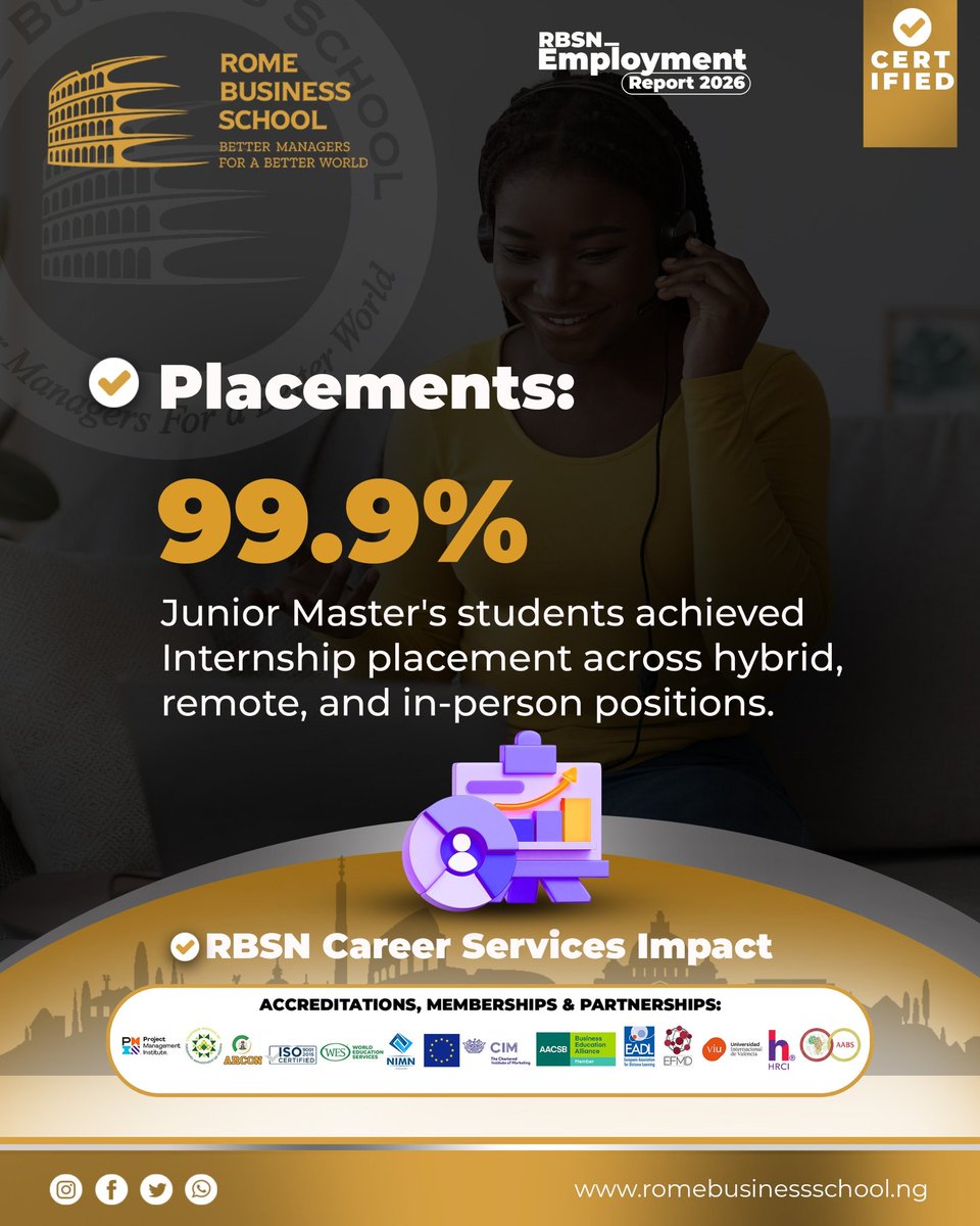 RBS_NG's tweet image. At Rome Business School Nigeria, we don’t just educate, we accelerate careers.

Our Employment Report 2026 highlights real outcomes:
Entrepreneurship | Placements | Job access | CV optimization

Start your journey: romebusinessschool.ng/masters-online/

#RBSN #CareerGrowth
