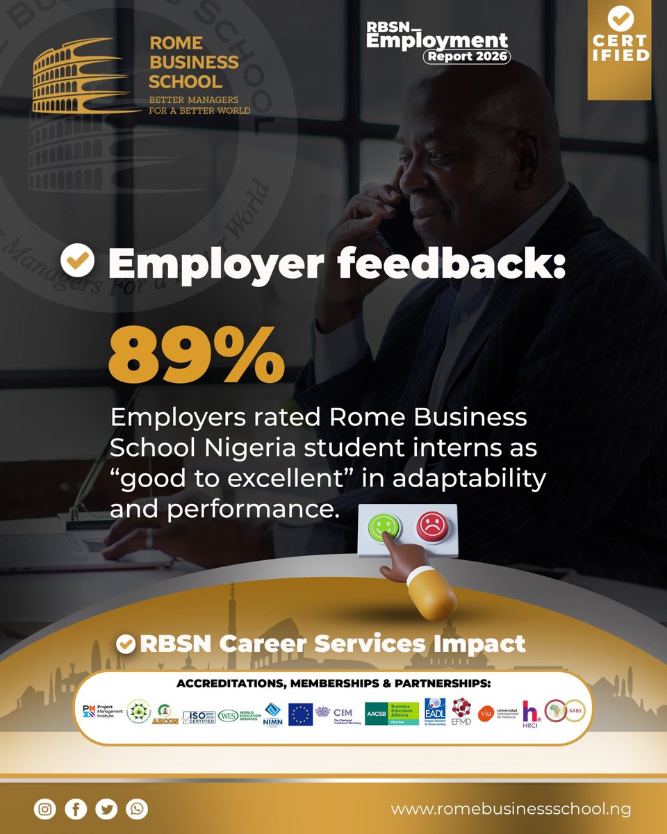 RBS_NG's tweet image. At Rome Business School Nigeria, we don’t just educate, we accelerate careers.

Our Employment Report 2026 highlights real outcomes:
Entrepreneurship | Placements | Job access | CV optimization

Start your journey: romebusinessschool.ng/masters-online/

#RBSN #CareerGrowth