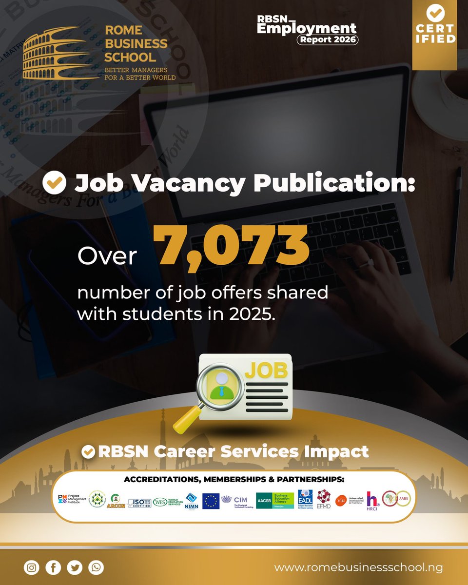 RBS_NG's tweet image. At Rome Business School Nigeria, we don’t just educate, we accelerate careers.

Our Employment Report 2026 highlights real outcomes:
Entrepreneurship | Placements | Job access | CV optimization

Start your journey: romebusinessschool.ng/masters-online/

#RBSN #CareerGrowth
