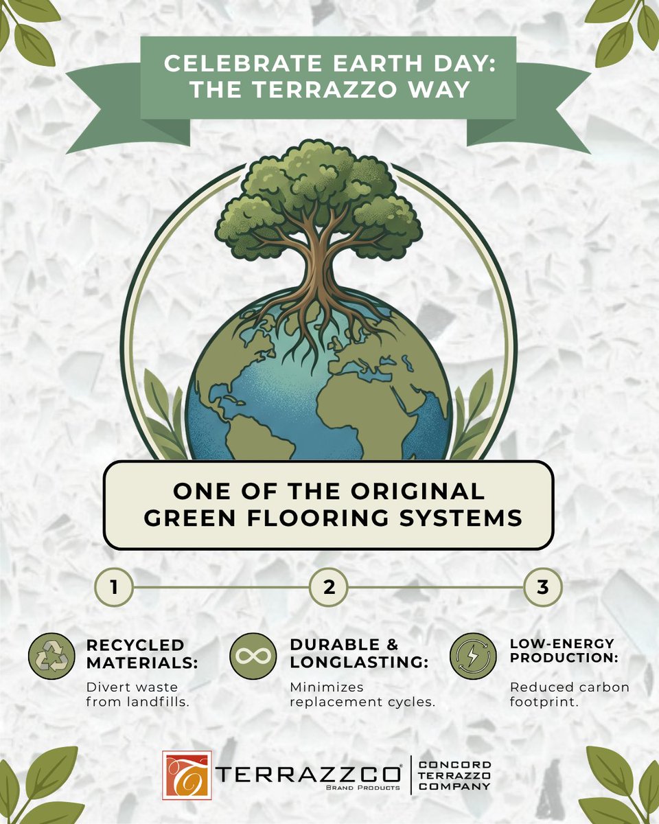 TERRAZZCO's tweet image. This #EarthDay, we're celebrating a flooring system that has been around for centuries.

• Carpet and LVT typically last 10-20 years. That's multiple tear-outs going to landfills.
• Terrazzo is installed once. Repaired if needed. But never replaced.

#sustainability #terrazzo