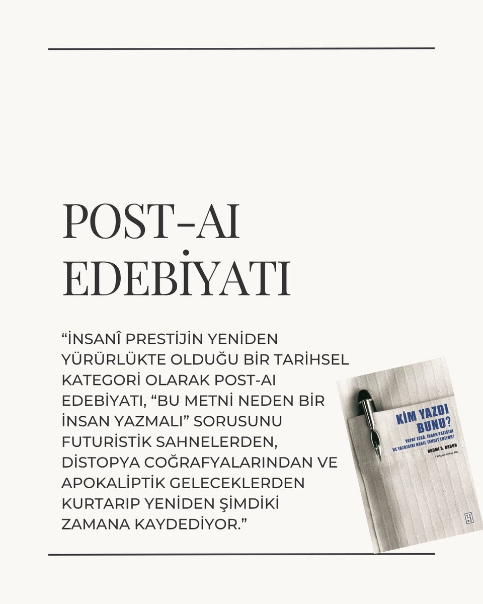 punctumdergi's tweet photo. Yapay Zeka, insan yazısını ve yazgısını nasıl tehdit ediyor? Yapay zeka sonrası edebiyat yazıyı nasıl tanımlayıp biçimlendirecek? Solmaz Erkin bu soruları Naomi S. Baron'ın "Kim Yazdı Bunu" eserinden hareketle tartışmaya açıyor.⚡️
https://t.co/CFpMv5qVNm https://t.co/hyKSaZkXKQ