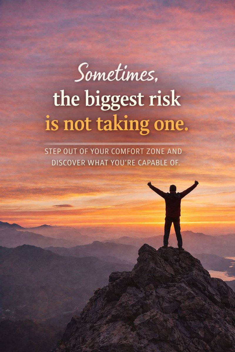 One333The19044's tweet image. Growth lives outside comfort. 

Take the leap, trust yourself, and discover strength you never knew you had.

The risk you avoid is the life you miss.

#motivation #discipline #successmindset #growthmindset #taketherisk #comfortzone #selfimprovement #grind #mindsetmatters