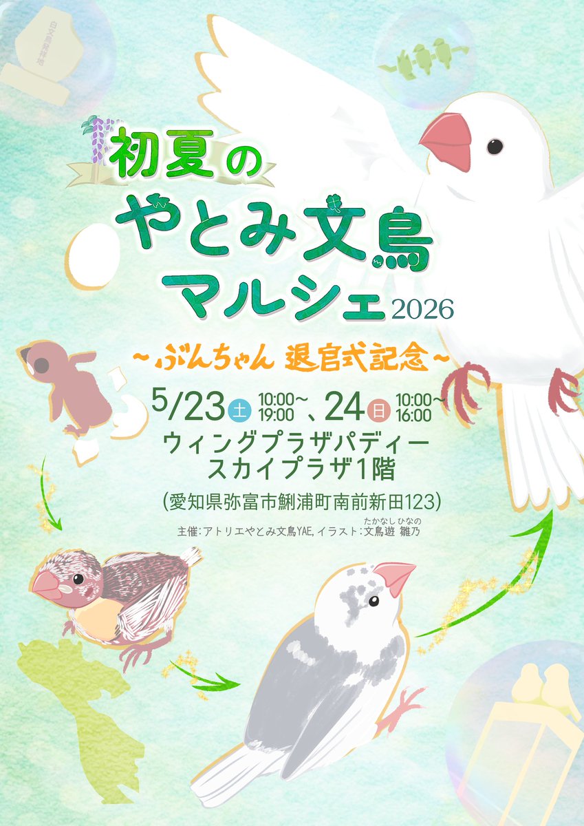 YAE_at_Yatomi's tweet photo. 5/23(土)、5/24(日)にぶんちゃん退官式を記念したやとみ文鳥マルシェを開催します🕊️
ここでしか手に入らない聖地ならではのグッズも多数✨ぜひお見逃しなく🍀
#初夏のやとみ2026
#初夏のやとみ文鳥マルシェ2026
#文鳥
#弥富
#イベント https://t.co/krnLwA90uV