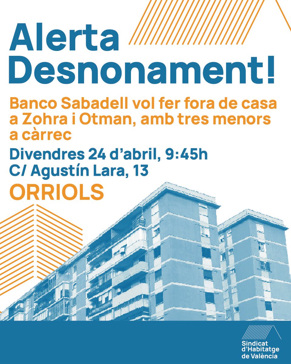 SdHValencia's tweet photo. ⚠️ ALERTA DESNONAMENT

Divendres estarem amb Zohra i Otman per defensar sa casa.

Perquè el Banco Sabadell no dubtarà a desnonar per continuar traient benefici: nosaltres defensarem la casa de les companyes fins al final.

Acabem amb el seu negoci!
Organitza't al sindicat! https://t.co/ZvkoagzkvX