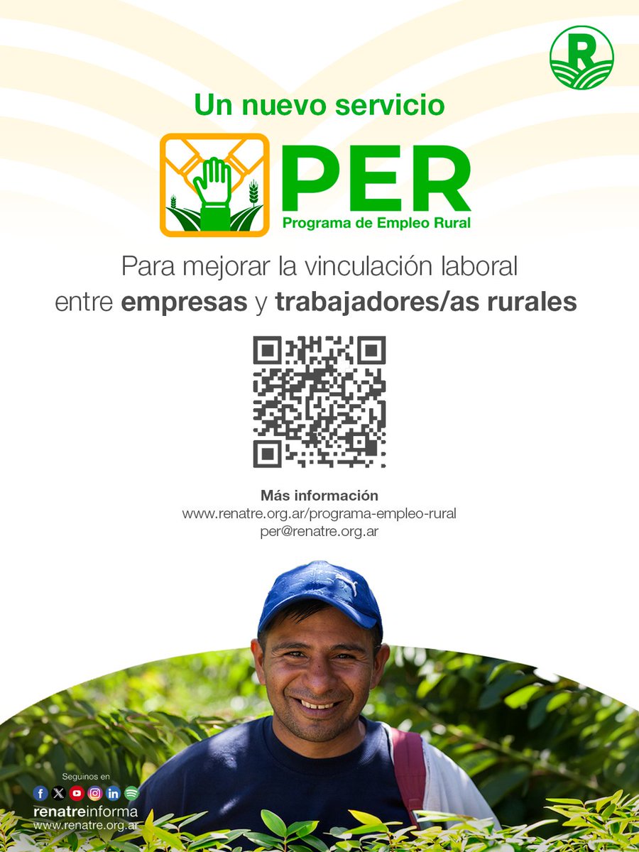 renatreinforma's tweet image. ¿Ya conocés el Programa de Empleo Rural (PER)? 🌱🤝

El nuevo servicio gratuito de intermediación laboral para empresas que ofrece el RENATRE, facilitando la búsqueda y selección de personal.🌱📊

+Info👉 renatre.org.ar/programa-emple…

#trabajorural #empresas #PER #campoargentino