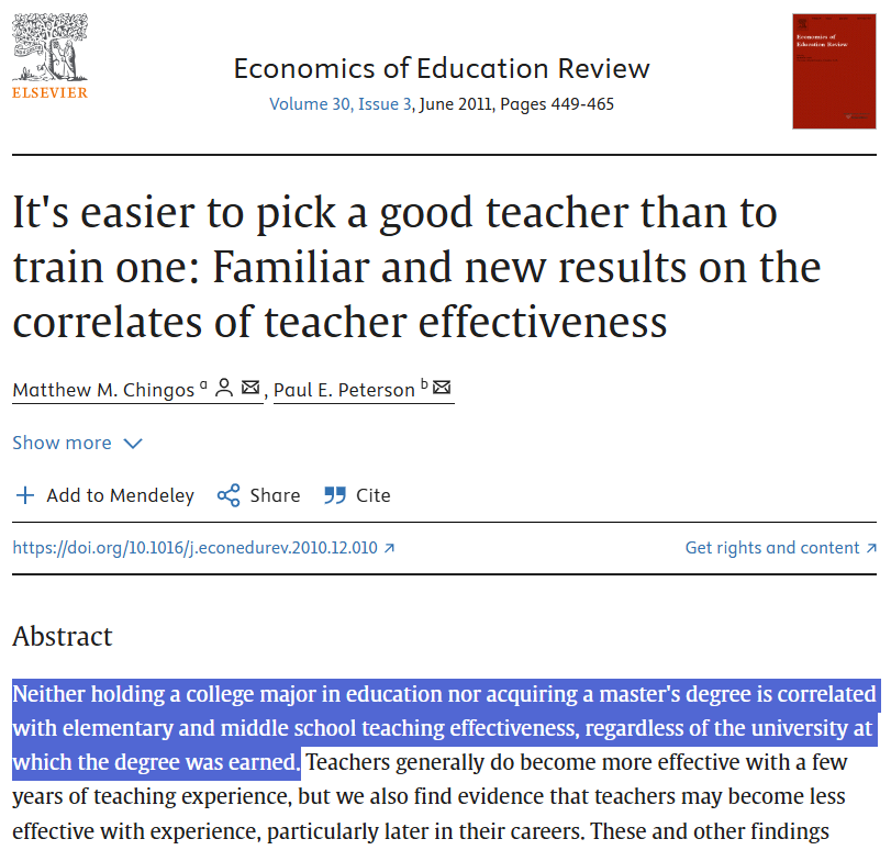 And I quote:

"Neither holding a college major in education nor acquiring a master's degree is correlated with elementary and middle school teaching effectiveness."

Why do we even have teacher prep programs at this point?!