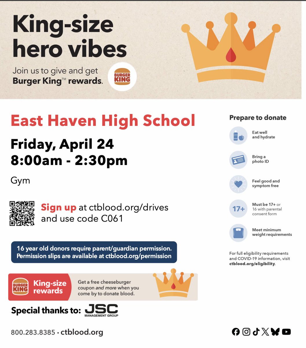 We will have a Blood Drive this Friday! Last year was a big success, let’s do it again!❤️

🗓 April 24 | 8:00am–2:30pm
📍 East Haven High School Gym